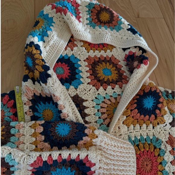 Granny Square Cardigan Crochet Sweater Maxi Long Hooded Afghan 100% Cotton Knit - Picture 5 of 9